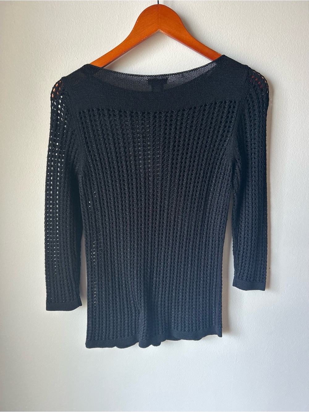 ANN TAYLOR Black Open Knit Boat Neck Sweater 3/4 Sleeve Lightweight Size Small - Picture 7 of 8